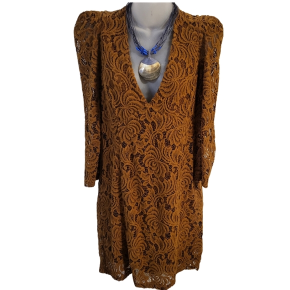 Free People Dana Bodycon Deep-V Lined BRONZE Lace Dress~Measurements listed - Picture 2 of 5